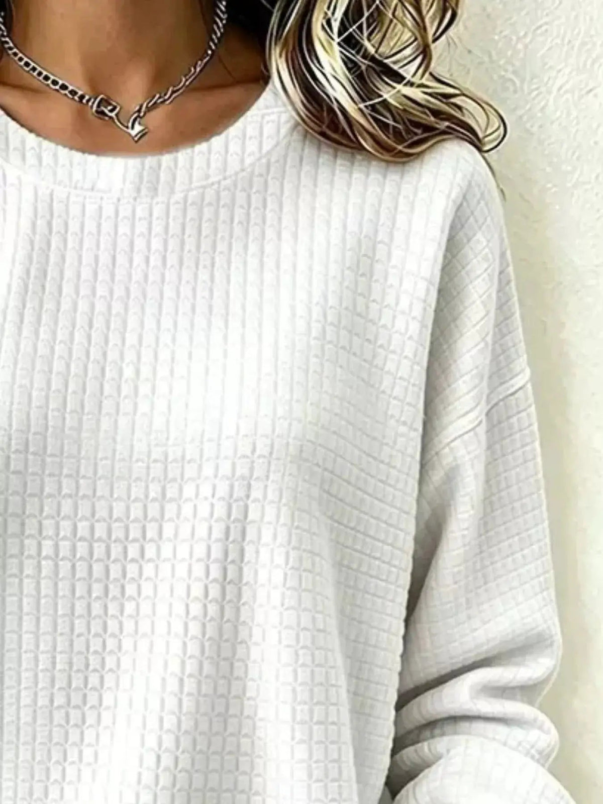 Full Size Waffle Knit Long Sleeve Crew Neck Sweatshirt Plus Size - Bitsy Gypsy Boutique