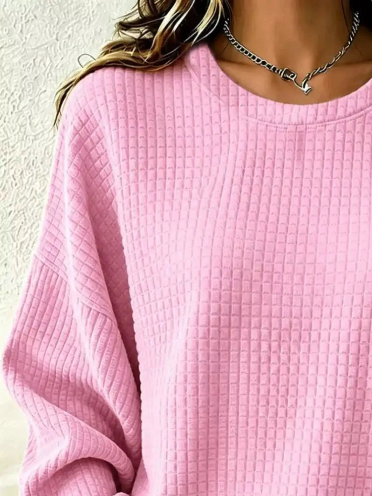 Full Size Waffle Knit Long Sleeve Crew Neck Sweatshirt Plus Size - Bitsy Gypsy Boutique