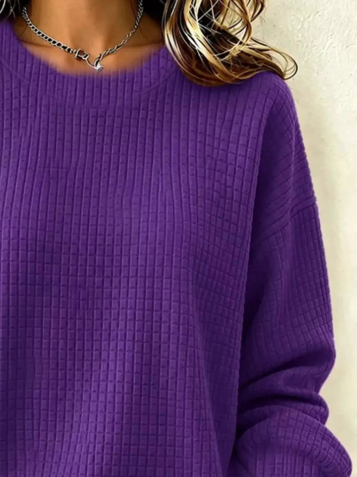 Full Size Waffle Knit Long Sleeve Crew Neck Sweatshirt Plus Size - Bitsy Gypsy Boutique