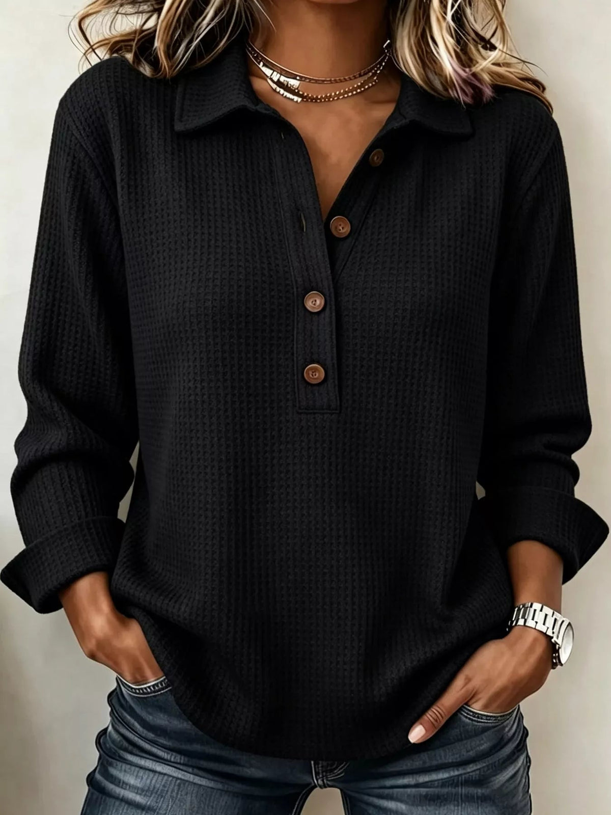 Full Size Waffle Knit Long Sleeve Polo Top Plus Size - Bitsy Gypsy Boutique