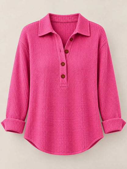 Full Size Waffle Knit Long Sleeve Polo Top Plus Size - Bitsy Gypsy Boutique