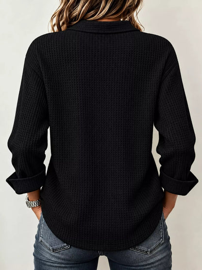 Full Size Waffle Knit Long Sleeve Polo Top Plus Size - Bitsy Gypsy Boutique