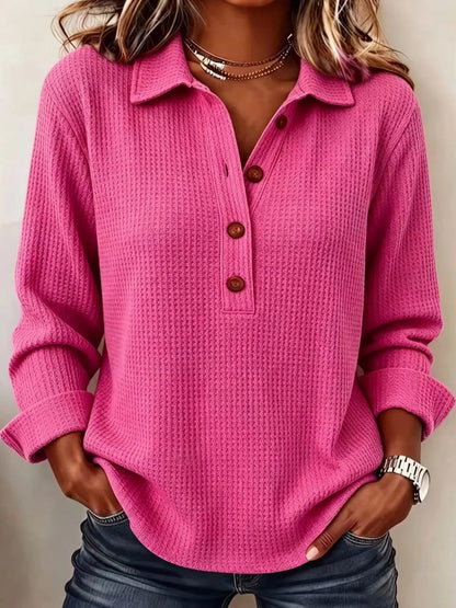 Full Size Waffle Knit Long Sleeve Polo Top Plus Size - Bitsy Gypsy Boutique