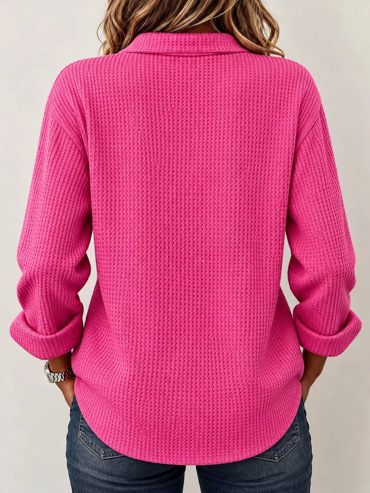 Full Size Waffle Knit Long Sleeve Polo Top Plus Size - Bitsy Gypsy Boutique