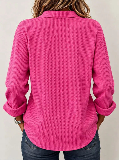 Full Size Waffle Knit Long Sleeve Polo Top Plus Size - Bitsy Gypsy Boutique