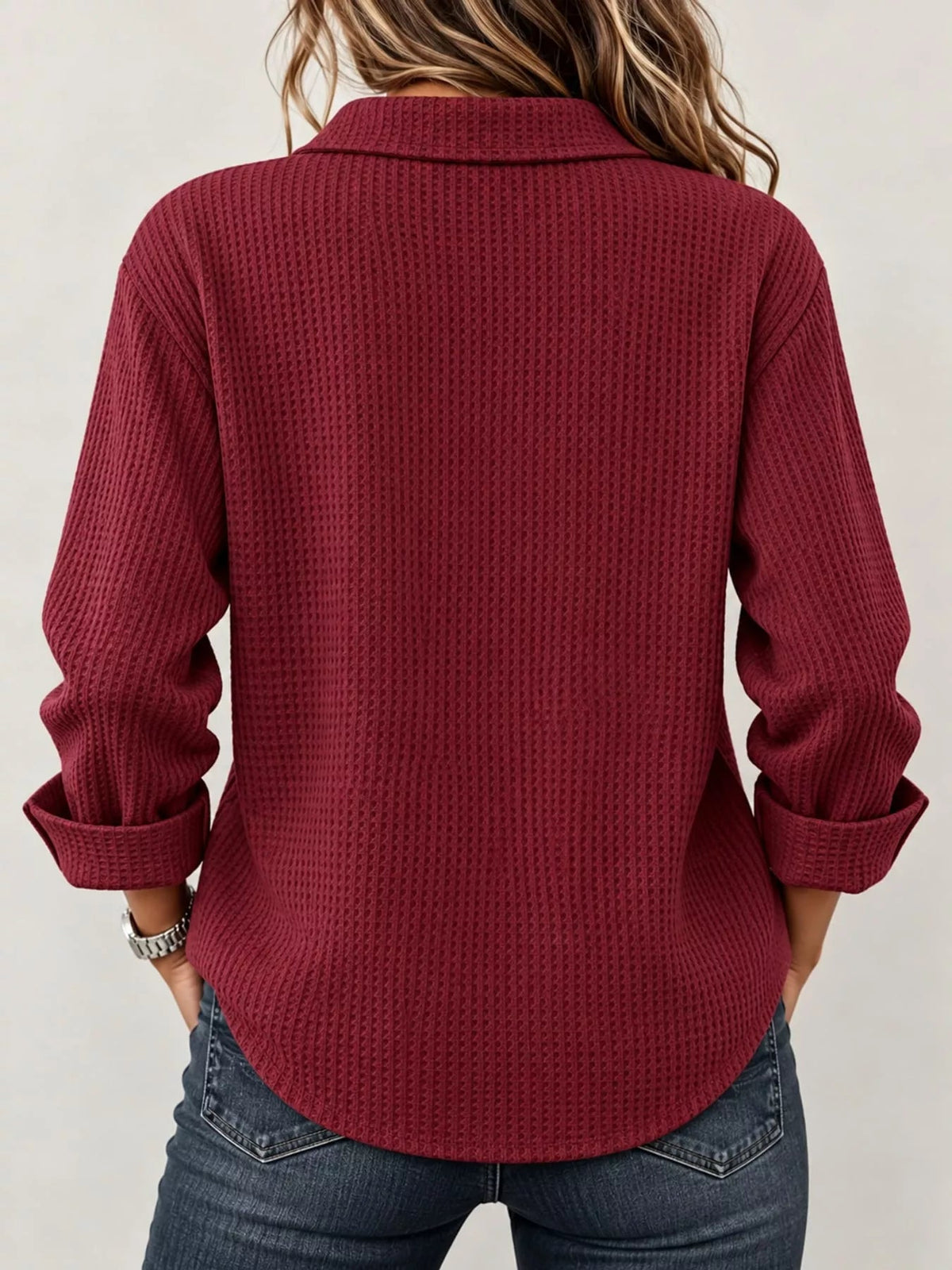 Full Size Waffle Knit Long Sleeve Polo Top Plus Size - Bitsy Gypsy Boutique