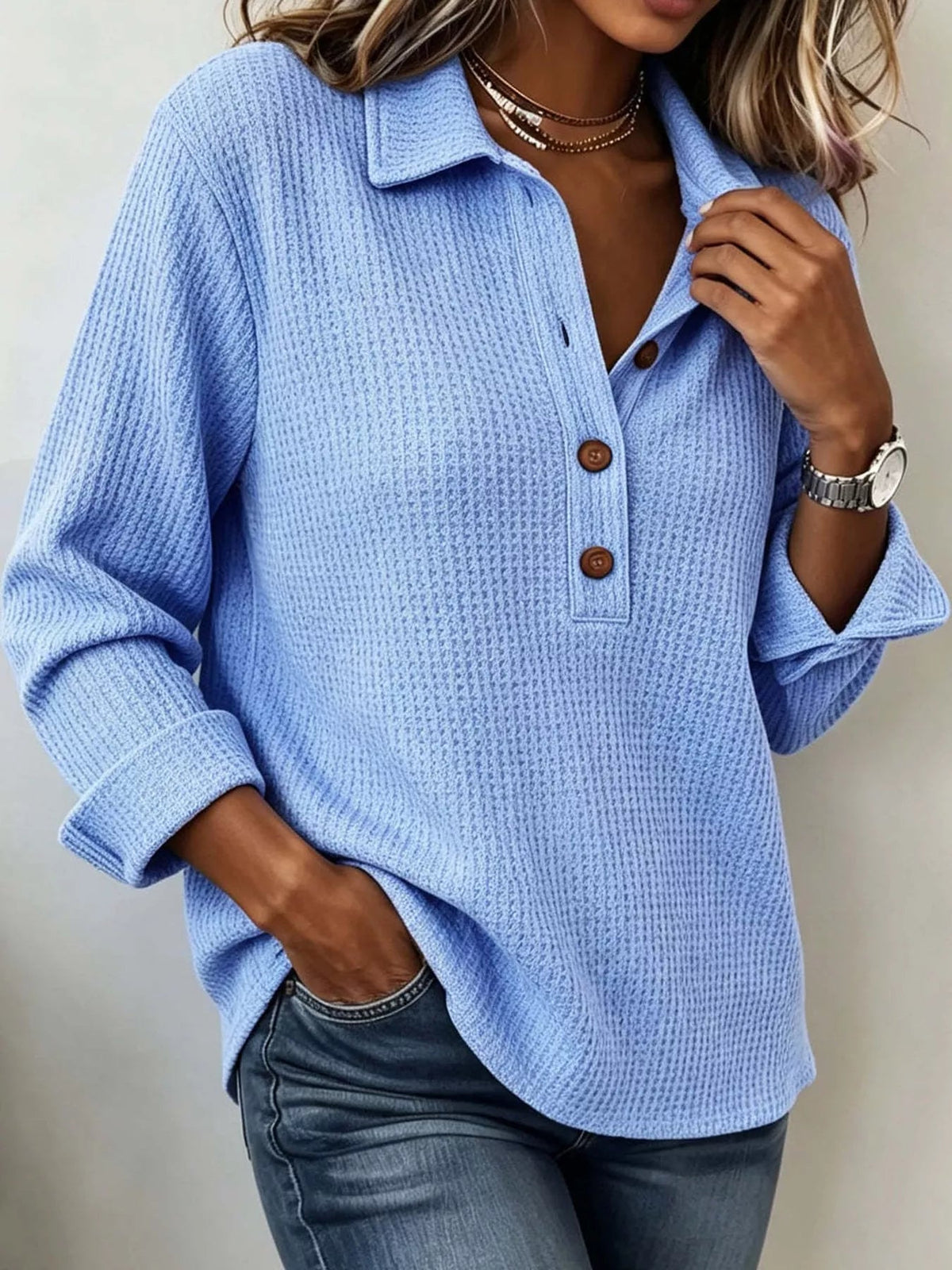 Full Size Waffle Knit Long Sleeve Polo Top Plus Size - Bitsy Gypsy Boutique