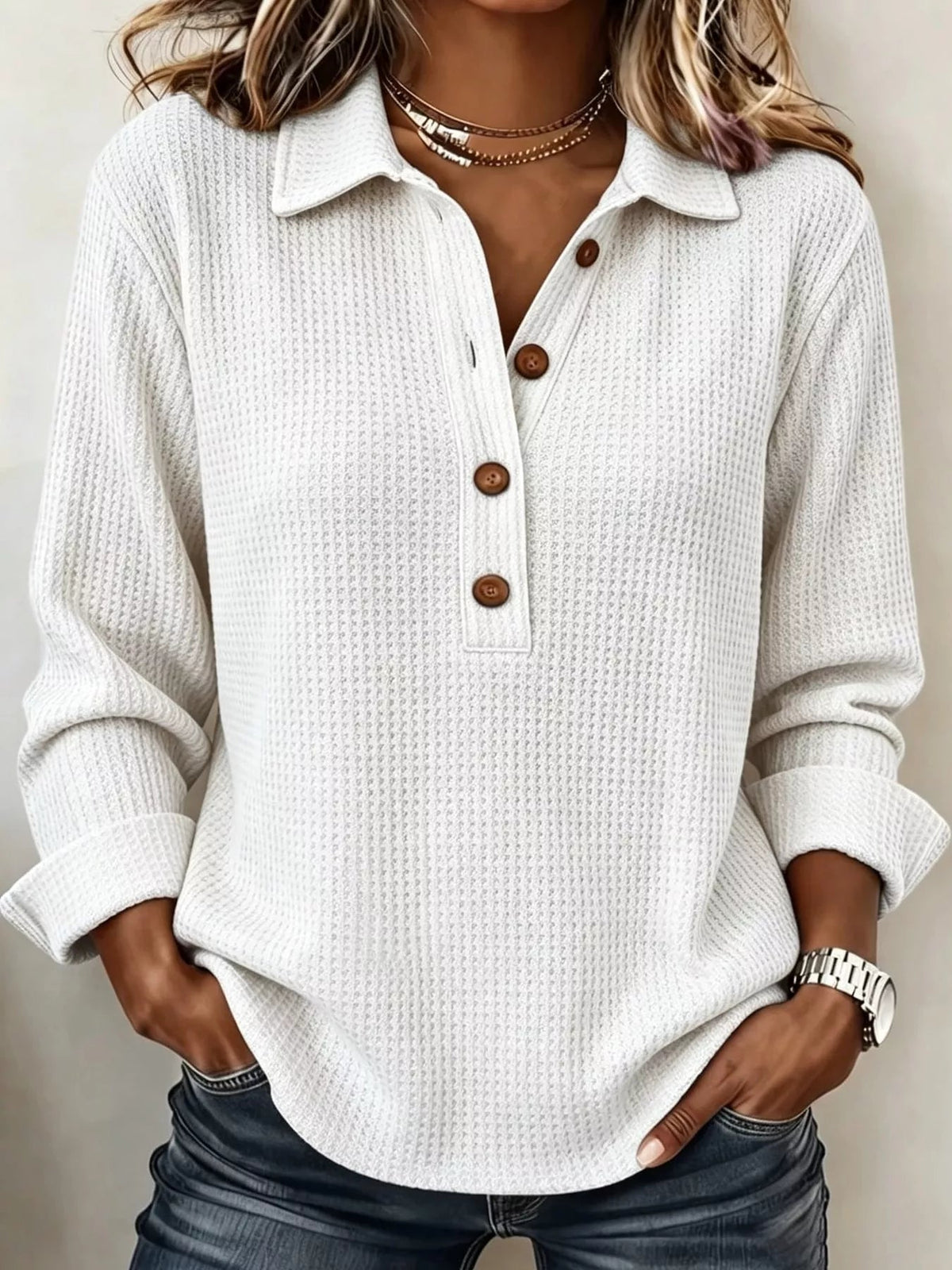 Full Size Waffle Knit Long Sleeve Polo Top Plus Size - Bitsy Gypsy Boutique