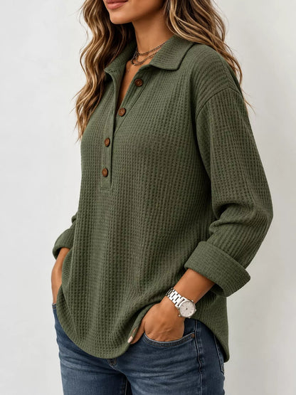 Full Size Waffle Knit Long Sleeve Polo Top Plus Size - Bitsy Gypsy Boutique