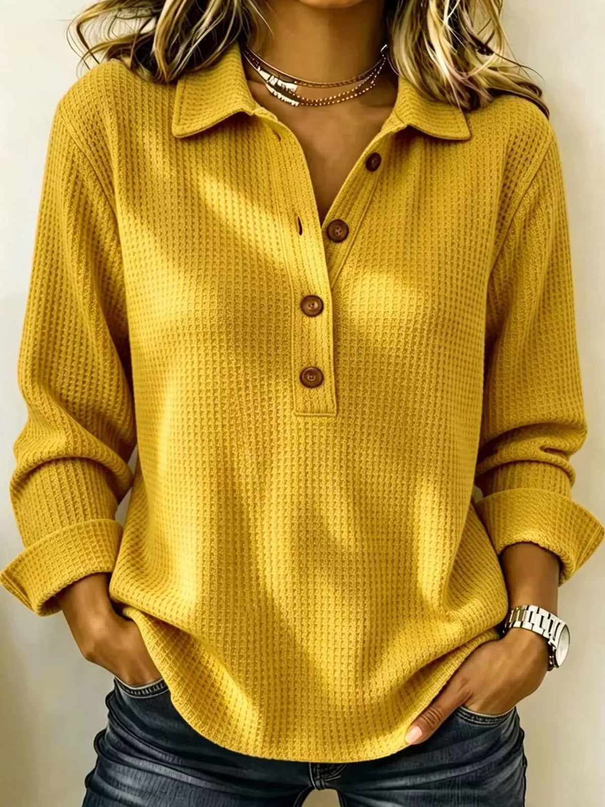 Full Size Waffle Knit Long Sleeve Polo Top Plus Size - Bitsy Gypsy Boutique