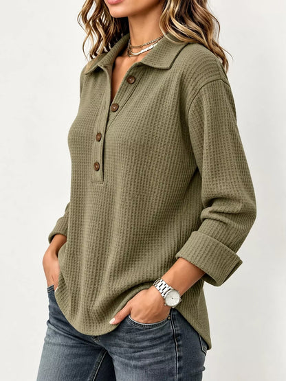 Full Size Waffle Knit Long Sleeve Polo Top Plus Size - Bitsy Gypsy Boutique