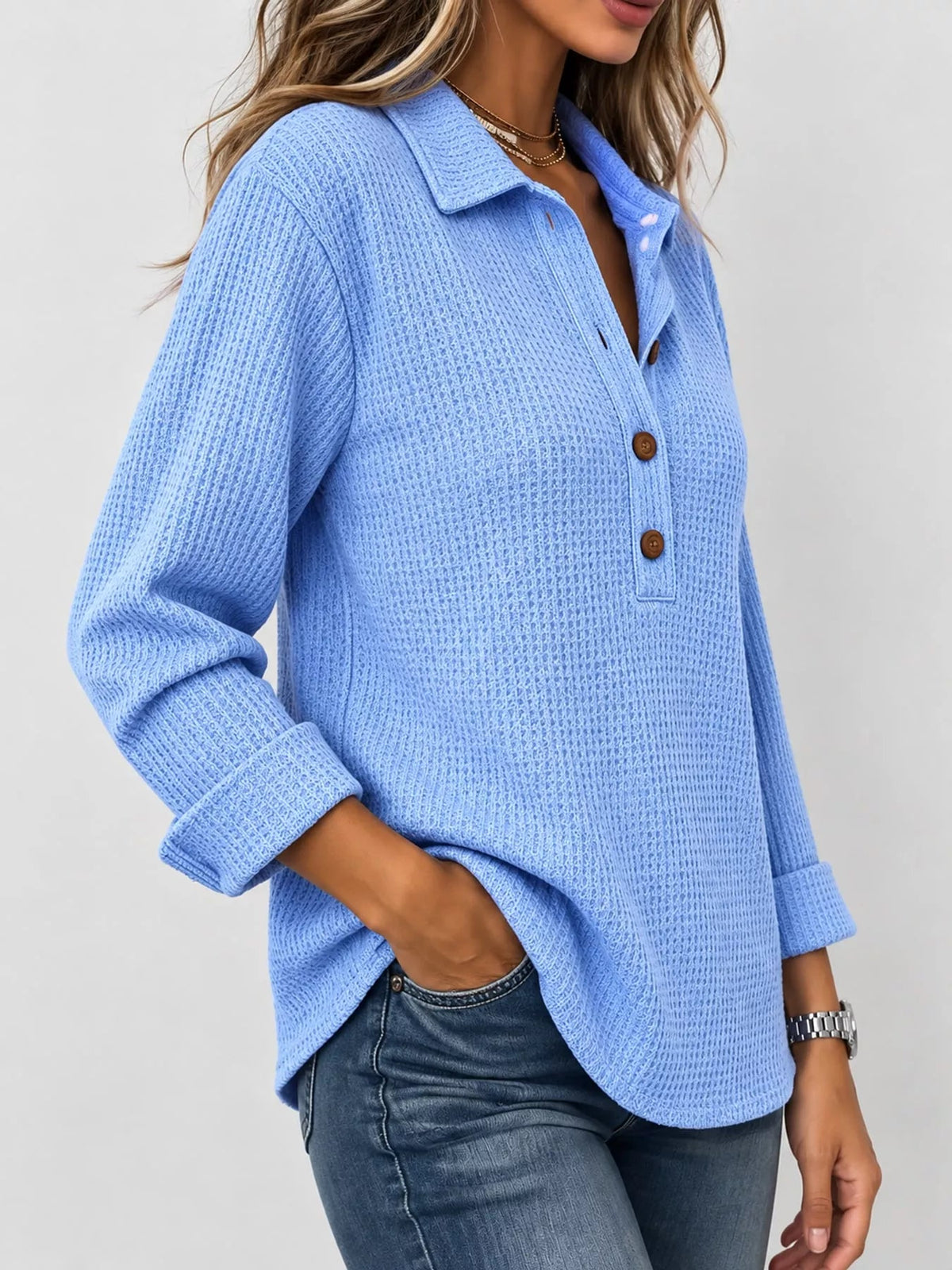 Full Size Waffle Knit Long Sleeve Polo Top Plus Size - Bitsy Gypsy Boutique