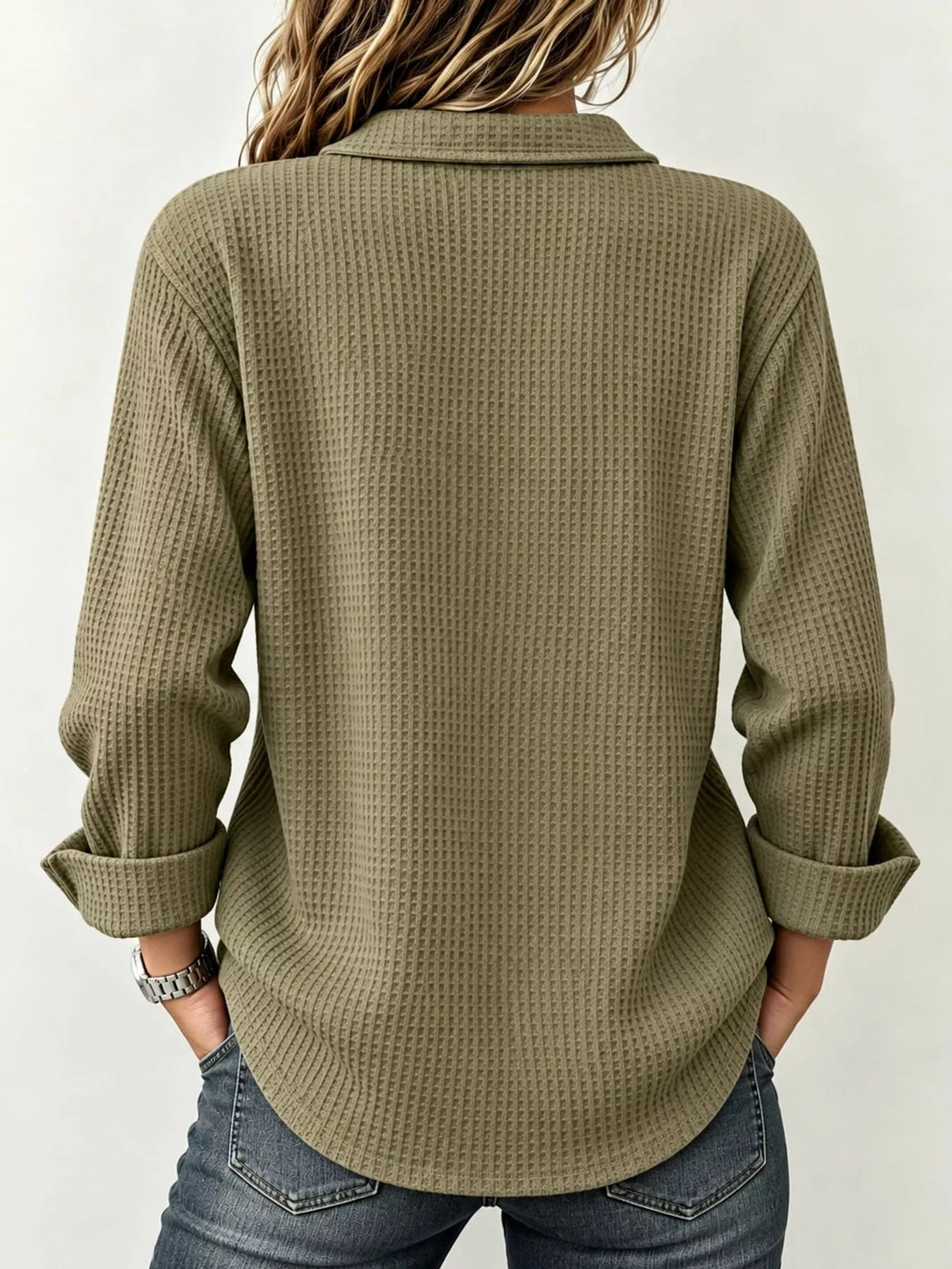 Full Size Waffle Knit Long Sleeve Polo Top Plus Size - Bitsy Gypsy Boutique