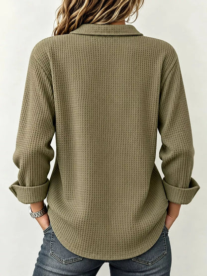 Full Size Waffle Knit Long Sleeve Polo Top Plus Size - Bitsy Gypsy Boutique