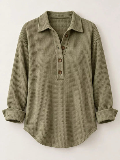 Full Size Waffle Knit Long Sleeve Polo Top Plus Size - Bitsy Gypsy Boutique