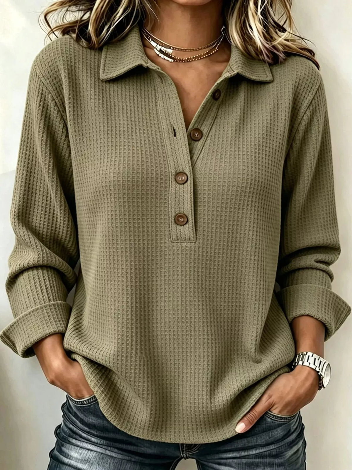 Full Size Waffle Knit Long Sleeve Polo Top Plus Size - Bitsy Gypsy Boutique