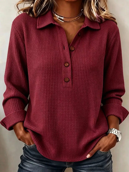 Full Size Waffle Knit Long Sleeve Polo Top Plus Size - Bitsy Gypsy Boutique