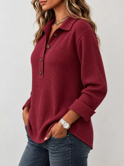 Full Size Waffle Knit Long Sleeve Polo Top Plus Size - Bitsy Gypsy Boutique