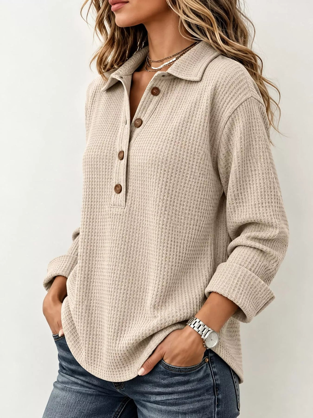 Full Size Waffle Knit Long Sleeve Polo Top Plus Size - Bitsy Gypsy Boutique