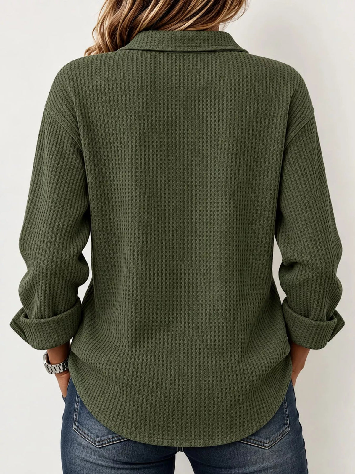 Full Size Waffle Knit Long Sleeve Polo Top Plus Size - Bitsy Gypsy Boutique