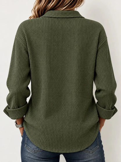 Full Size Waffle Knit Long Sleeve Polo Top Plus Size - Bitsy Gypsy Boutique