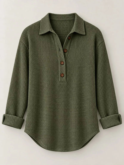 Full Size Waffle Knit Long Sleeve Polo Top Plus Size - Bitsy Gypsy Boutique