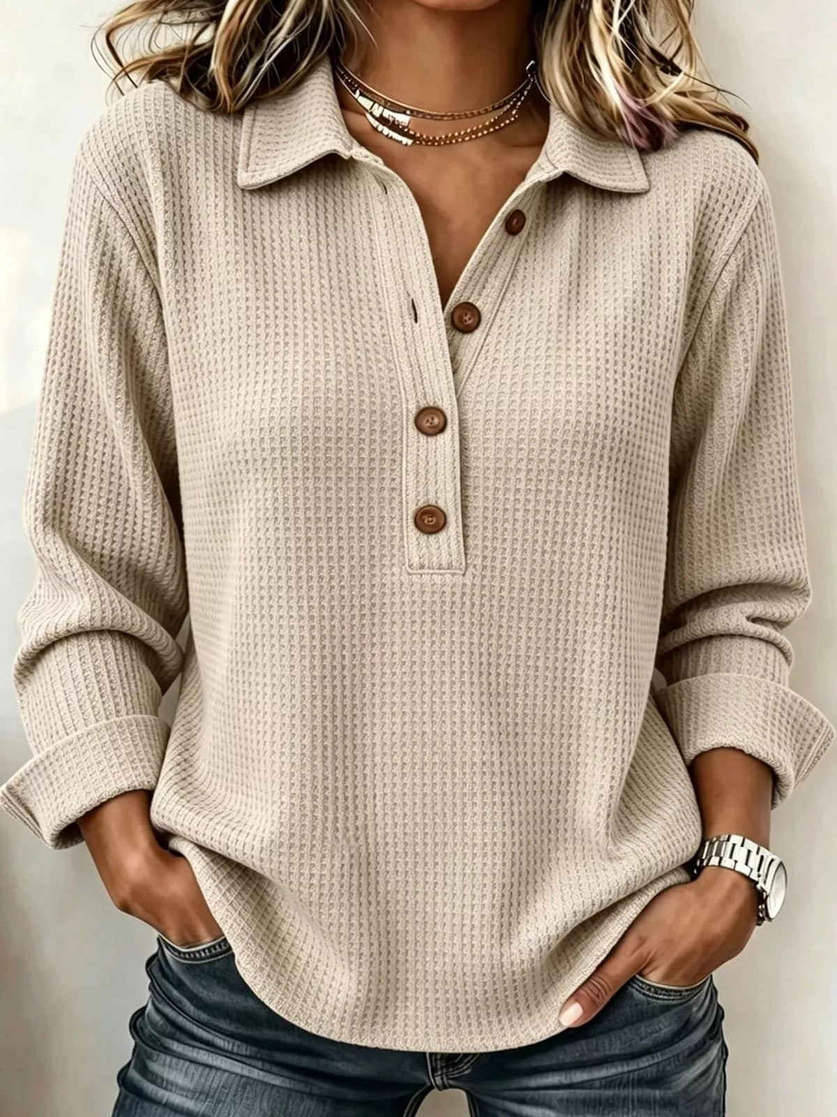 Full Size Waffle Knit Long Sleeve Polo Top Plus Size - Bitsy Gypsy Boutique