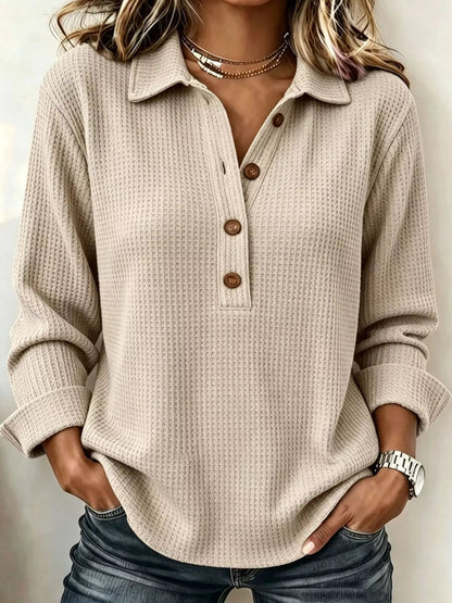 Full Size Waffle Knit Long Sleeve Polo Top Plus Size - Bitsy Gypsy Boutique