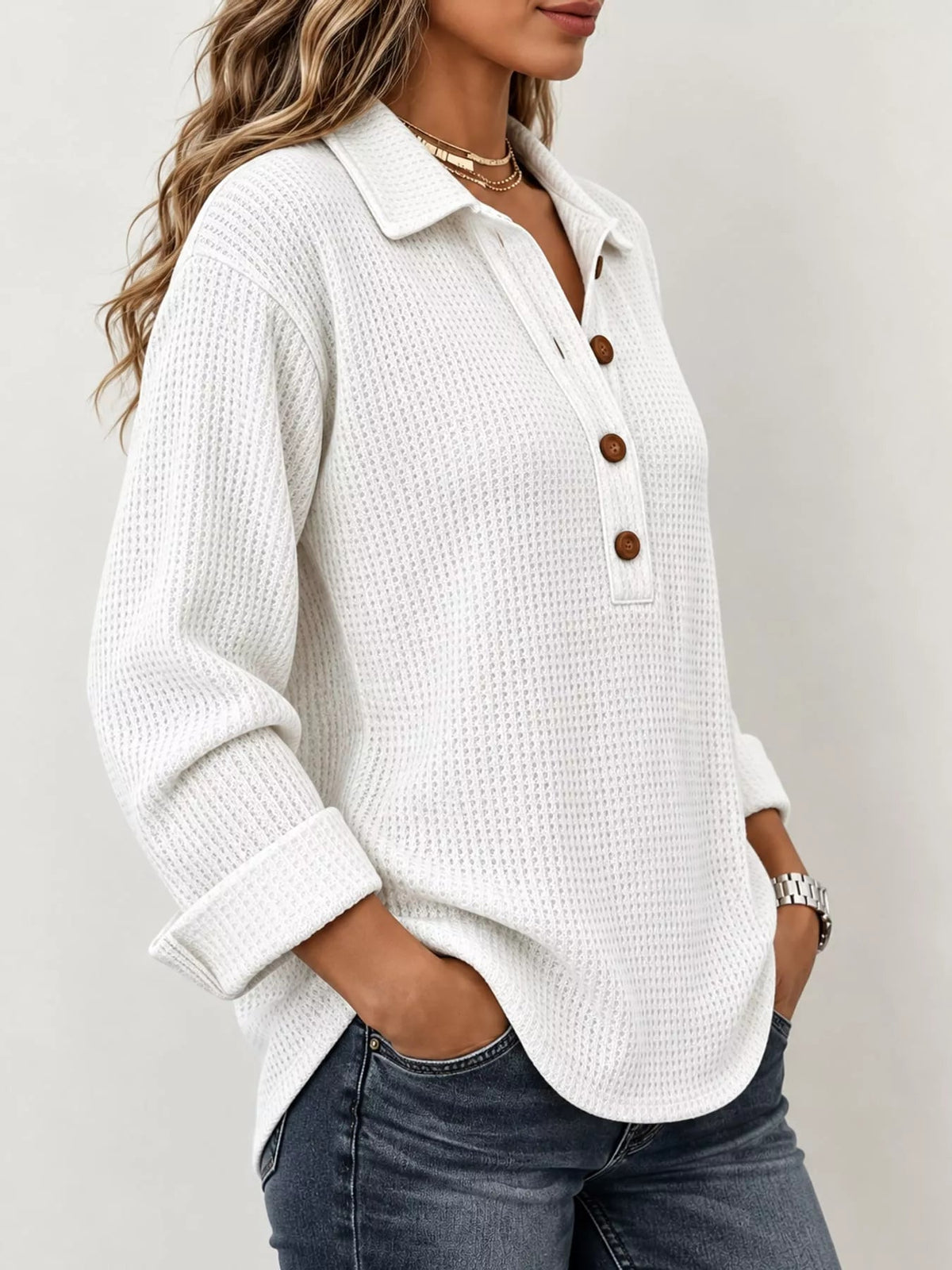 Full Size Waffle Knit Long Sleeve Polo Top Plus Size - Bitsy Gypsy Boutique