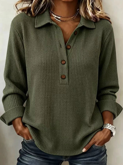 Full Size Waffle Knit Long Sleeve Polo Top Plus Size - Bitsy Gypsy Boutique