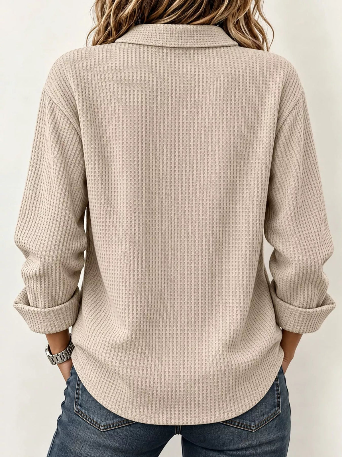 Full Size Waffle Knit Long Sleeve Polo Top Plus Size - Bitsy Gypsy Boutique
