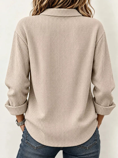 Full Size Waffle Knit Long Sleeve Polo Top Plus Size - Bitsy Gypsy Boutique