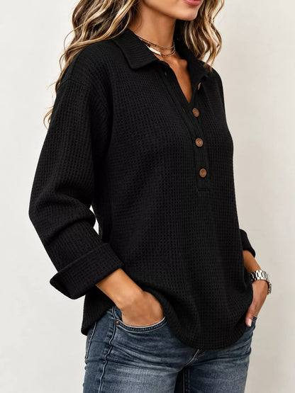 Full Size Waffle Knit Long Sleeve Polo Top Plus Size - Bitsy Gypsy Boutique
