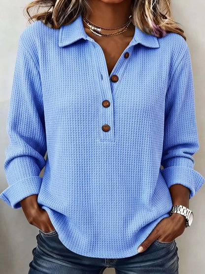 Full Size Waffle Knit Long Sleeve Polo Top Plus Size - Bitsy Gypsy Boutique