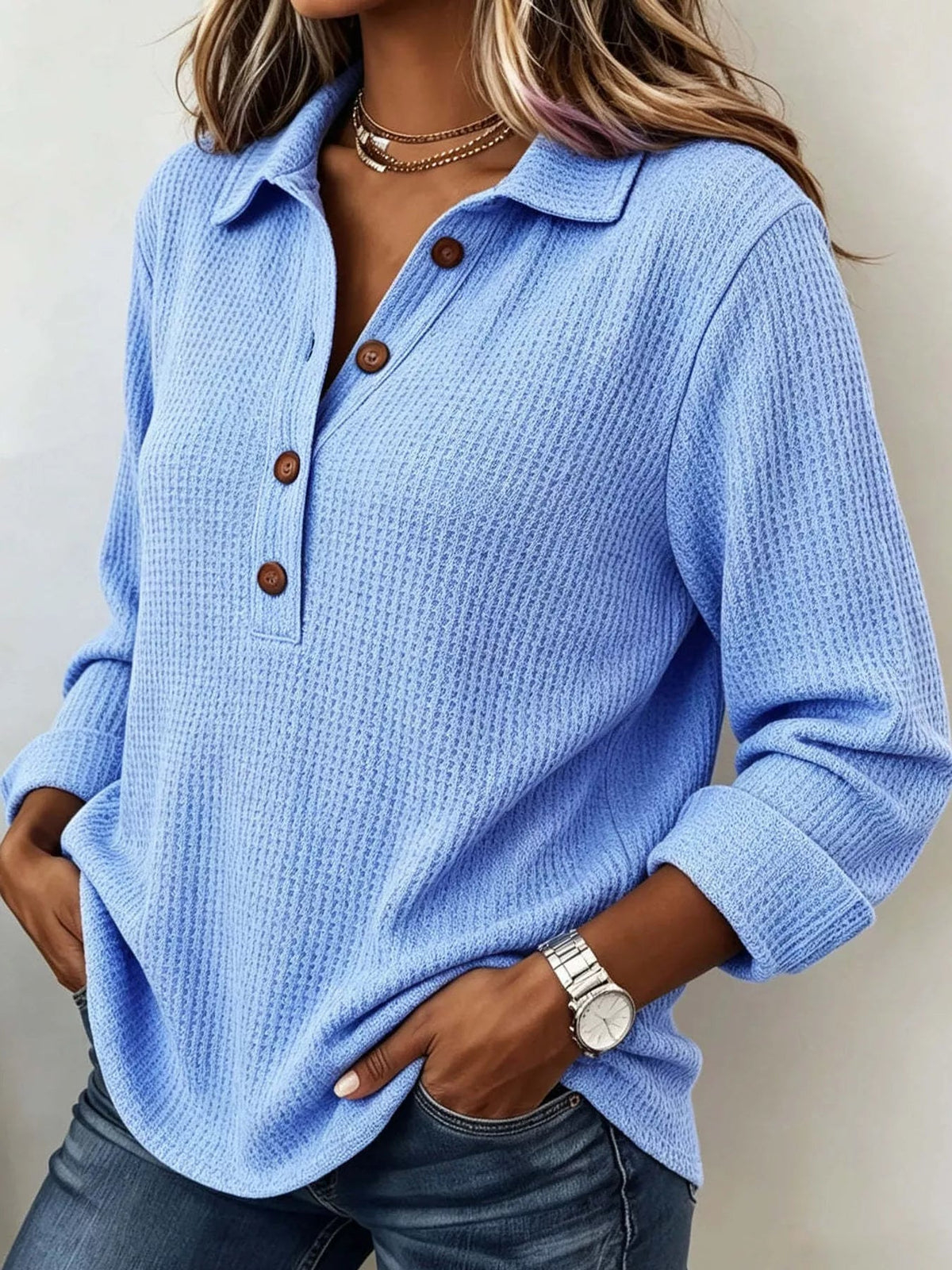 Full Size Waffle Knit Long Sleeve Polo Top Plus Size - Bitsy Gypsy Boutique