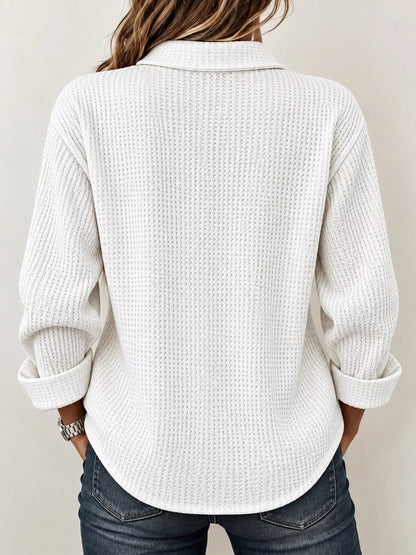 Full Size Waffle Knit Long Sleeve Polo Top Plus Size - Bitsy Gypsy Boutique