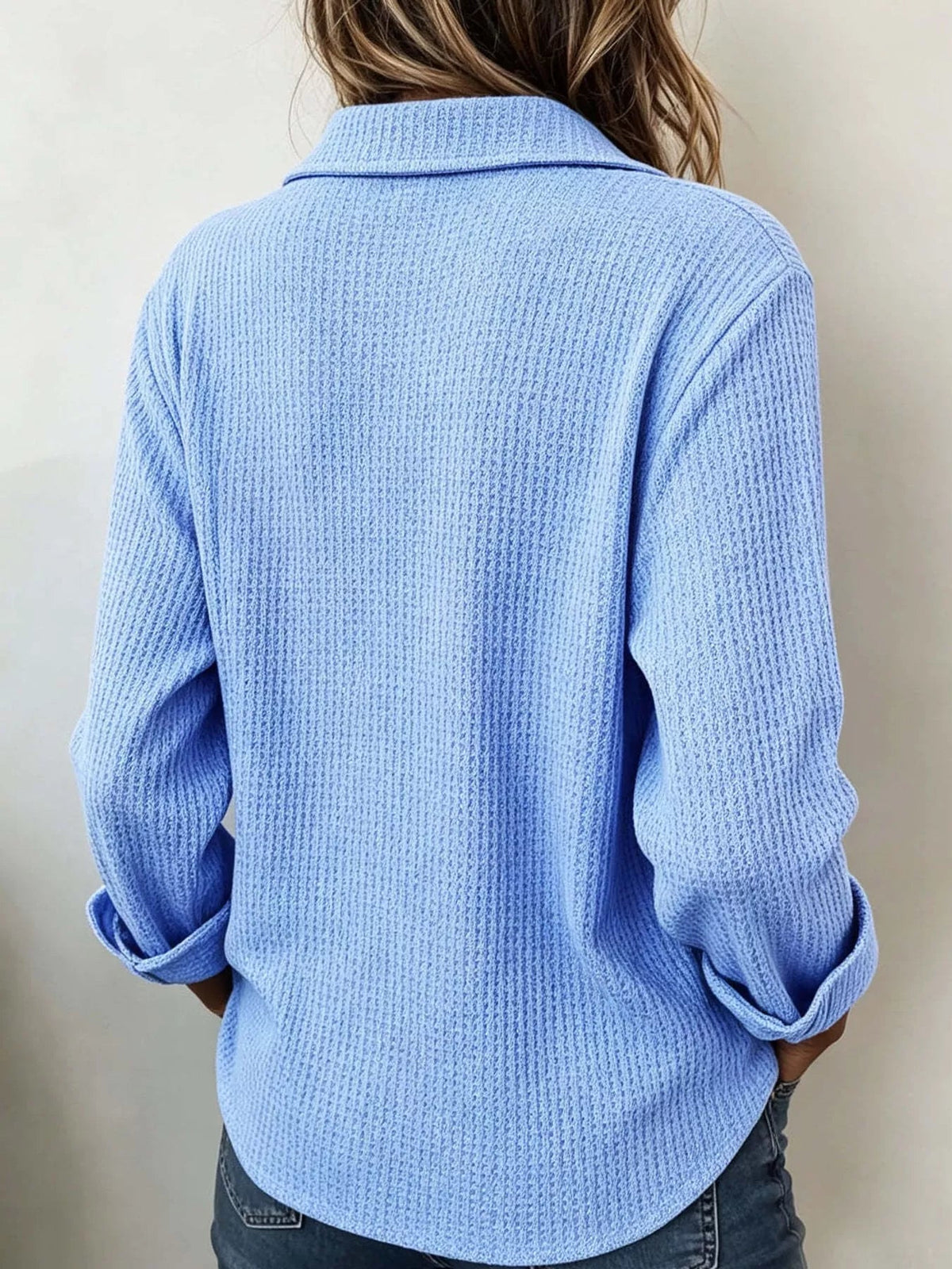 Full Size Waffle Knit Long Sleeve Polo Top Plus Size - Bitsy Gypsy Boutique