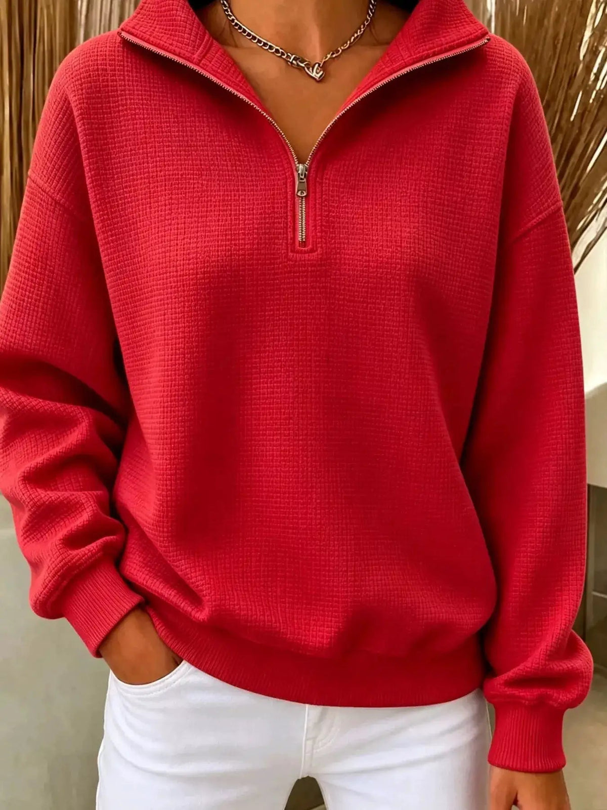 Full Size Waffle Knit Quarter-Zip Sweatshirt Plus Size - Bitsy Gypsy Boutique