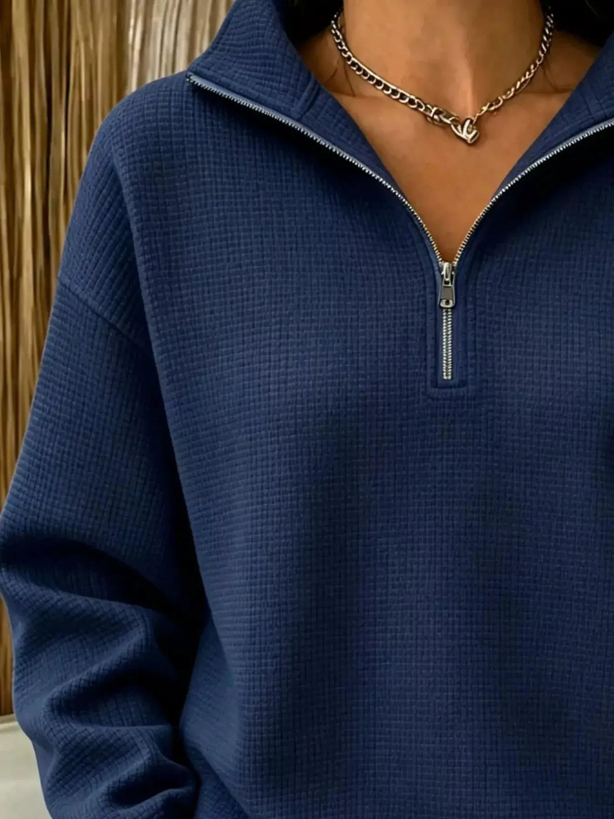 Full Size Waffle Knit Quarter-Zip Sweatshirt Plus Size - Bitsy Gypsy Boutique