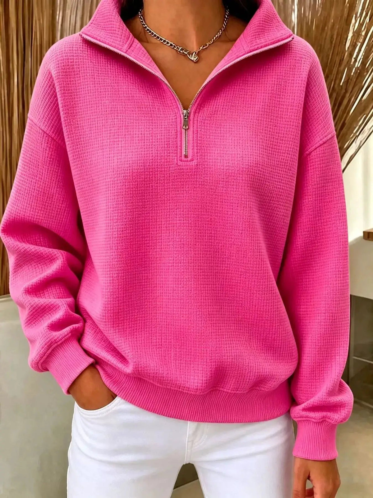 Full Size Waffle Knit Quarter-Zip Sweatshirt Plus Size - Bitsy Gypsy Boutique