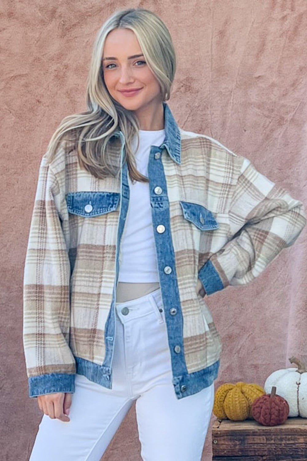 Full Size Washed Denim Detail Brushed Plaid Jacket - Bitsy Gypsy Boutique