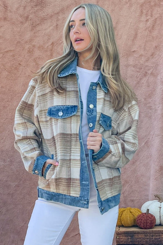 Full Size Washed Denim Detail Brushed Plaid Jacket - Bitsy Gypsy Boutique