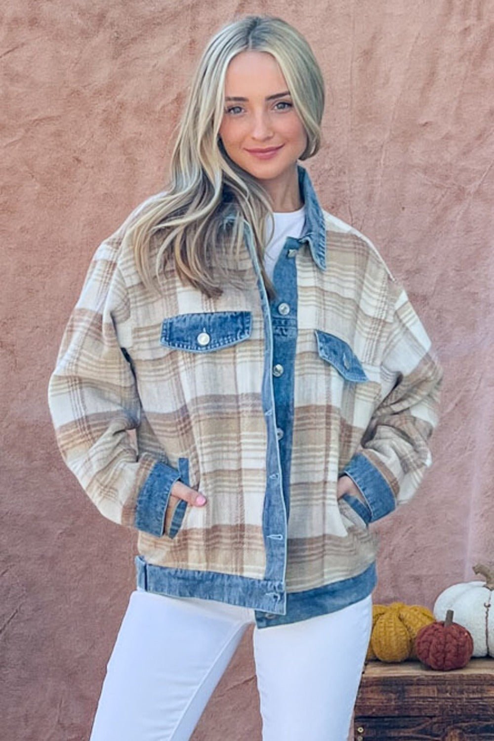 Full Size Washed Denim Detail Brushed Plaid Jacket - Bitsy Gypsy Boutique