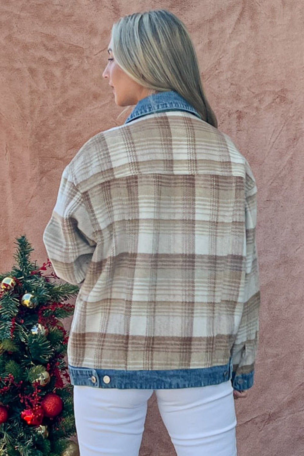 Full Size Washed Denim Detail Brushed Plaid Jacket - Bitsy Gypsy Boutique