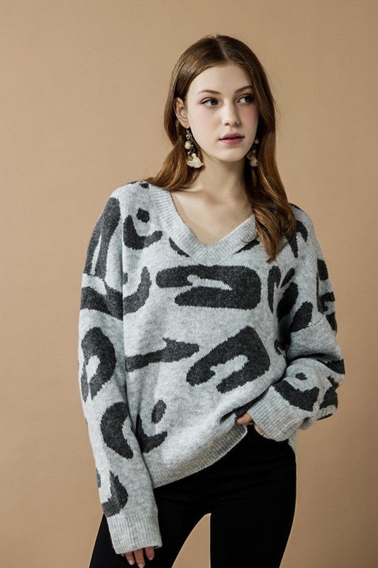 Fuzzy Mohair Jacquard V-Neck Leopard Sweater – Bitsy Gypsy Boutique