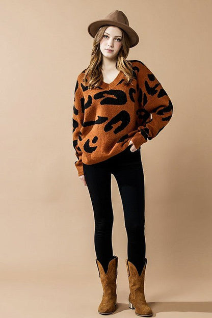 Fuzzy Mohair Jacquard V - Neck Leopard Sweater - Bitsy Gypsy Boutique