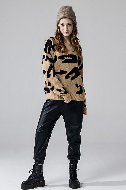 Fuzzy Mohair Jacquard V - Neck Leopard Sweater - Bitsy Gypsy Boutique