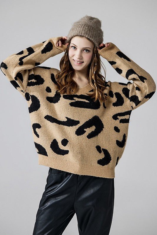 Fuzzy Mohair Jacquard V - Neck Leopard Sweater - Bitsy Gypsy Boutique