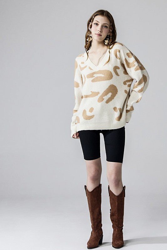 Fuzzy Mohair Jacquard V - Neck Leopard Sweater - Bitsy Gypsy Boutique