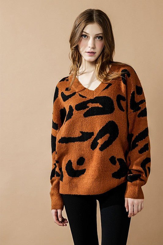 Fuzzy Mohair Jacquard V - Neck Leopard Sweater - Bitsy Gypsy Boutique
